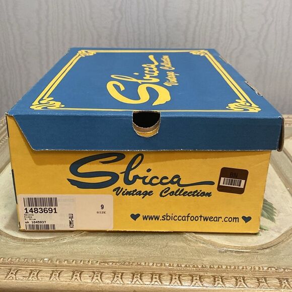 Sbicca Kimms Leather Floral Wedge Sandals Blue Tan Sz 9 New in Box - Picture 12 of 14